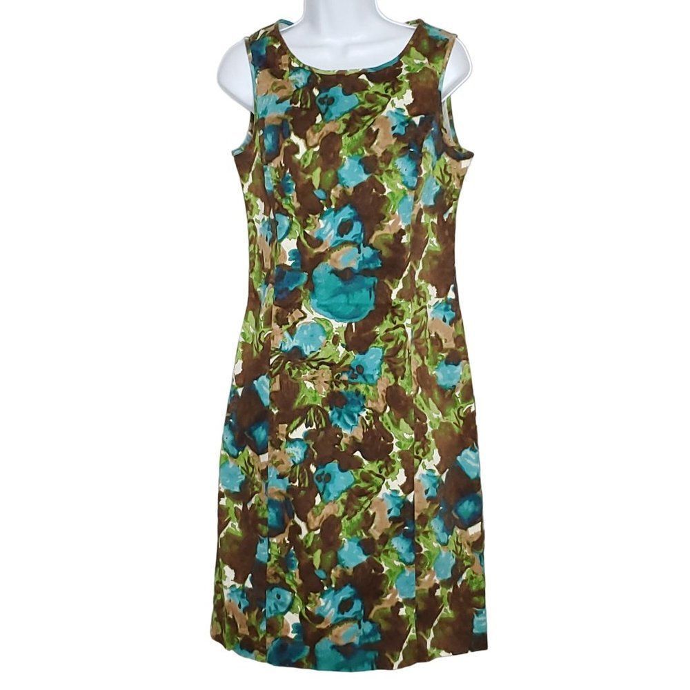 Talbots Sleeveless Sheath Dress 10 Watercolor Green Brown Blue Princess Seams